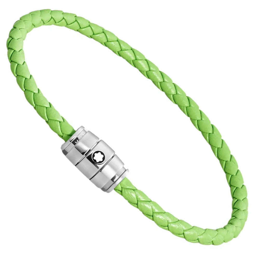 Montblanc bracciale in acciaio a 3 anelli e pelle Meisterstück Lime misura M 13429263