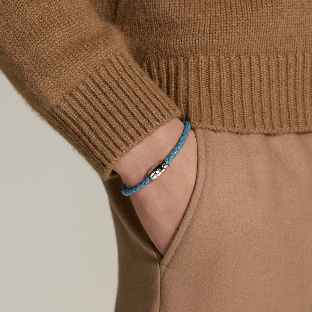 Montblanc bracciale in acciaio a 3 anelli e pelle Meisterstück Blu Fumè misura S 13429360