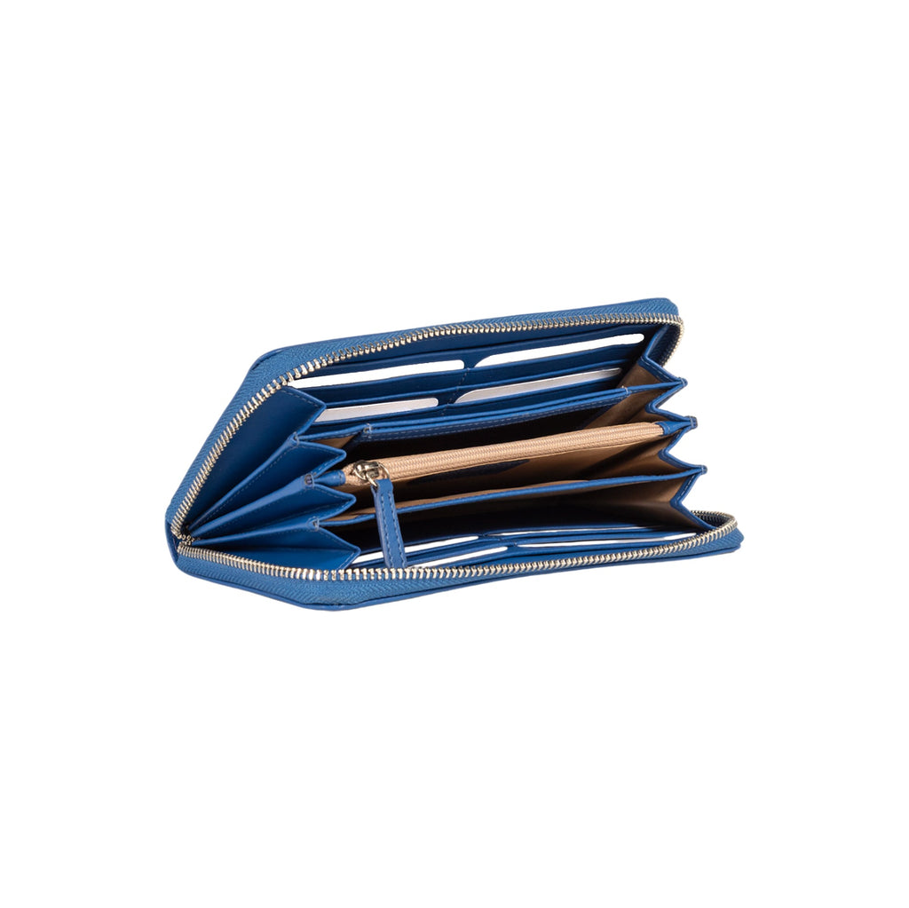 RB1084SCH | Portefeuille zippé pour femme fabriqué en Italie en cuir véritable lisse et mat. Couleur : Bleu roi. Dimensions : 20 x 10 x 2,5 cm.