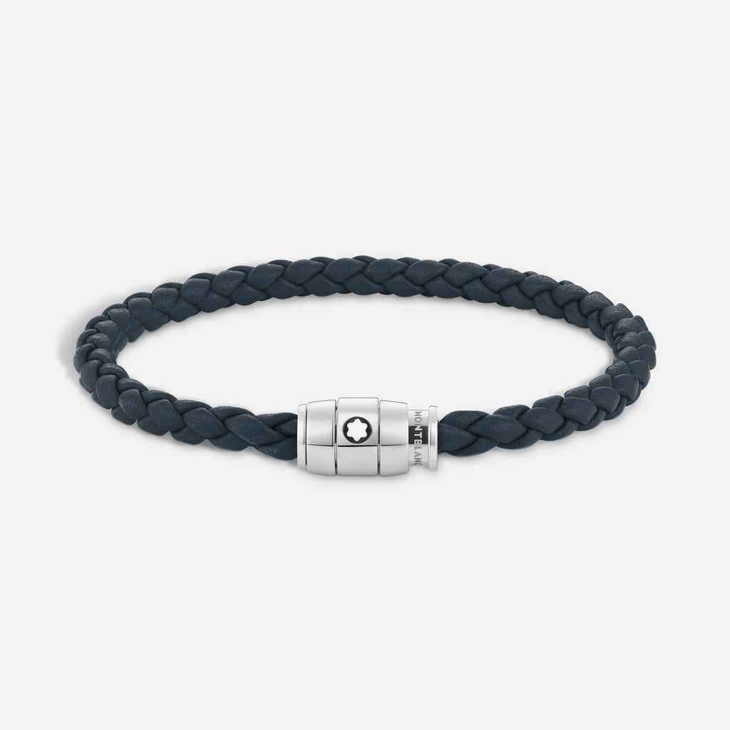 Montblanc bracciale in acciaio a 3 anelli e pelle Meisterstück Blu avio misura L 13601468