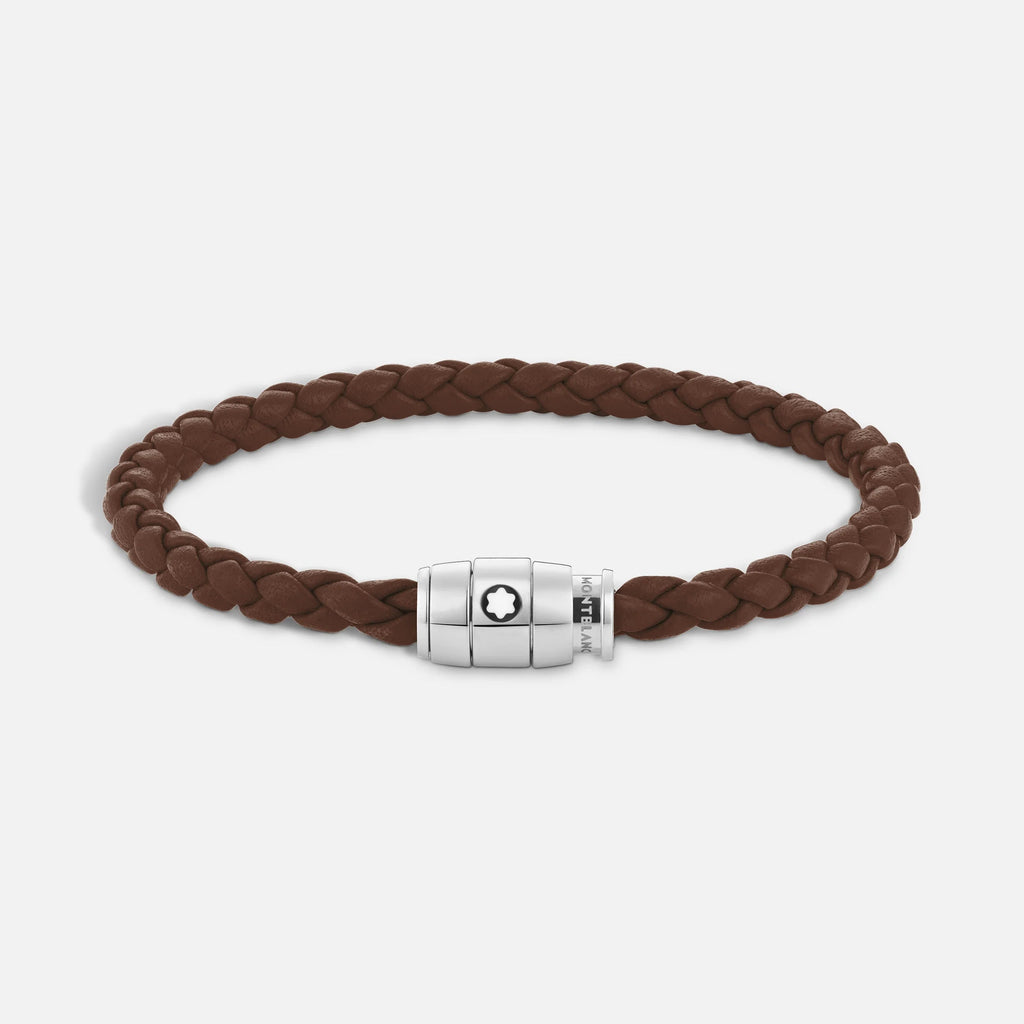 Montblanc bracciale in acciaio a 3 anelli e pelle Meisterstück Marrone Fulvo misura S 13600060