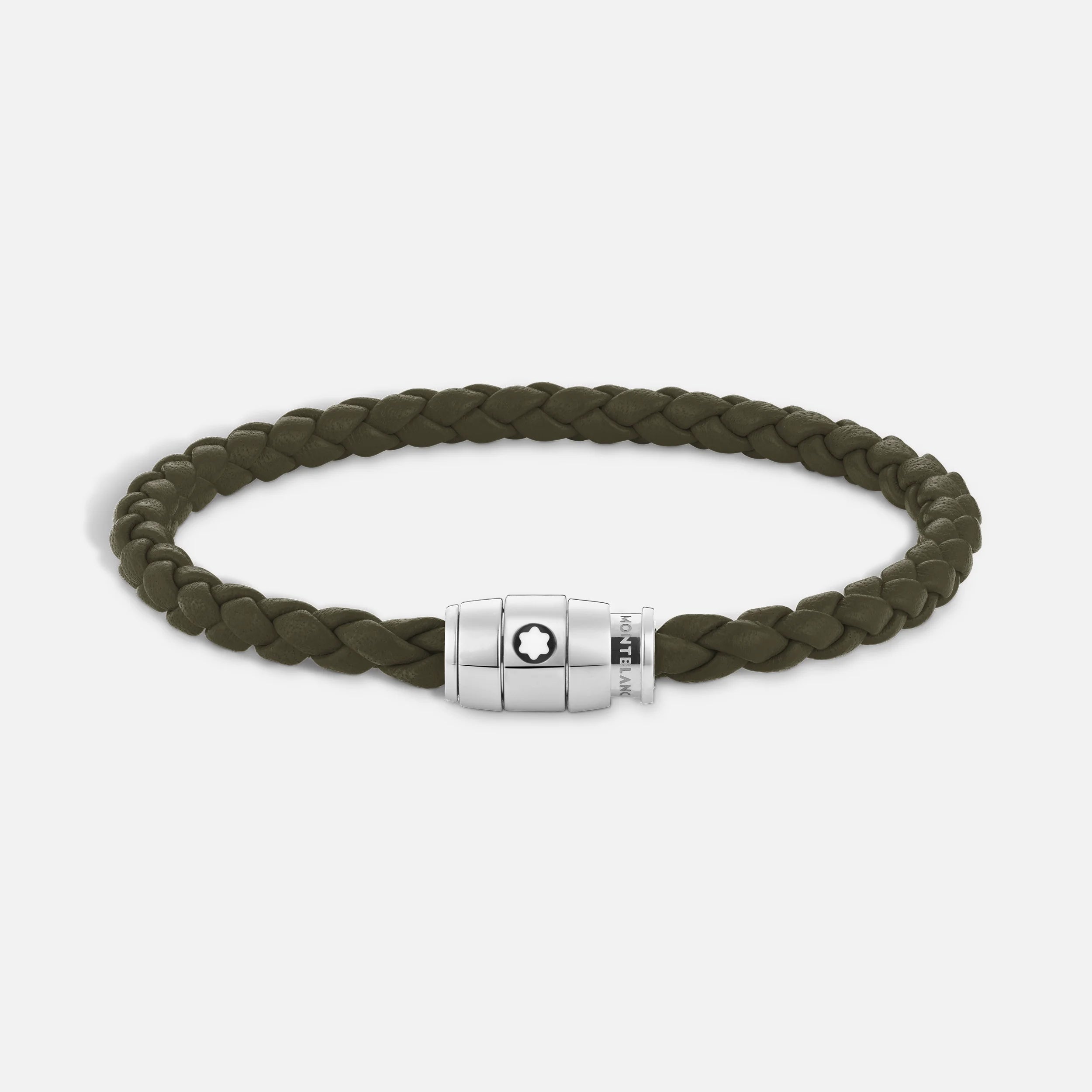 Montblanc bracciale in acciaio a 3 anelli e pelle Meisterstück Kaki misura M 13600463