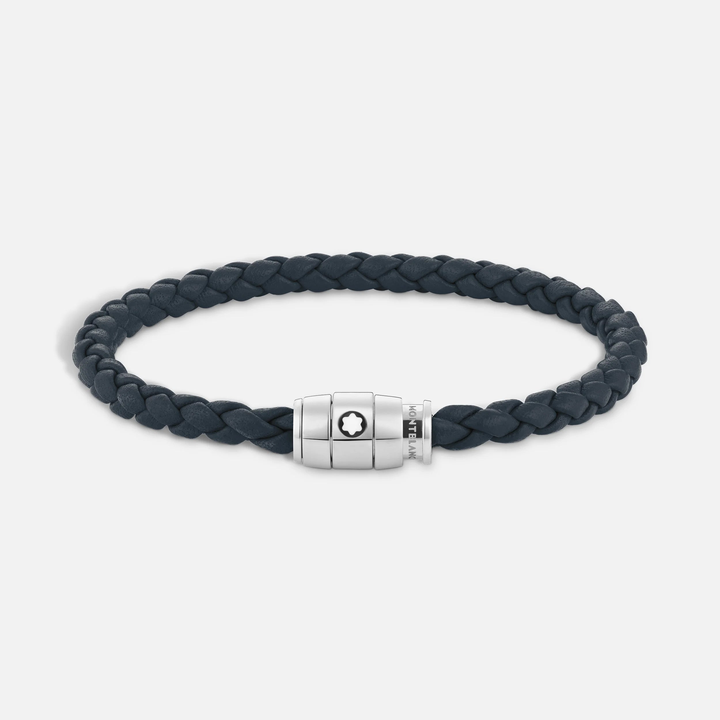 Montblanc bracciale in acciaio a 3 anelli e pelle Meisterstück Blu avio misura M 13601363