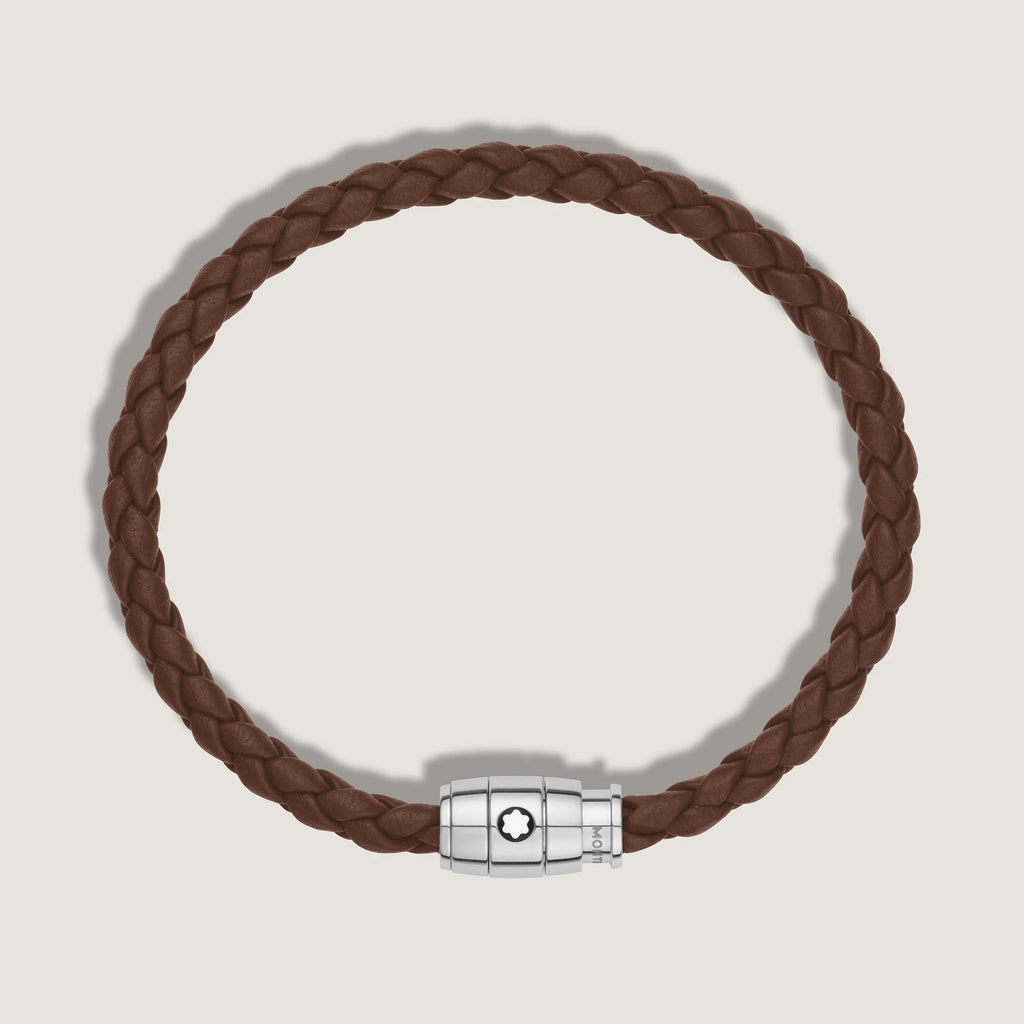 Montblanc bracciale in acciaio a 3 anelli e pelle Meisterstück Marrone Fulvo misura M 13600163