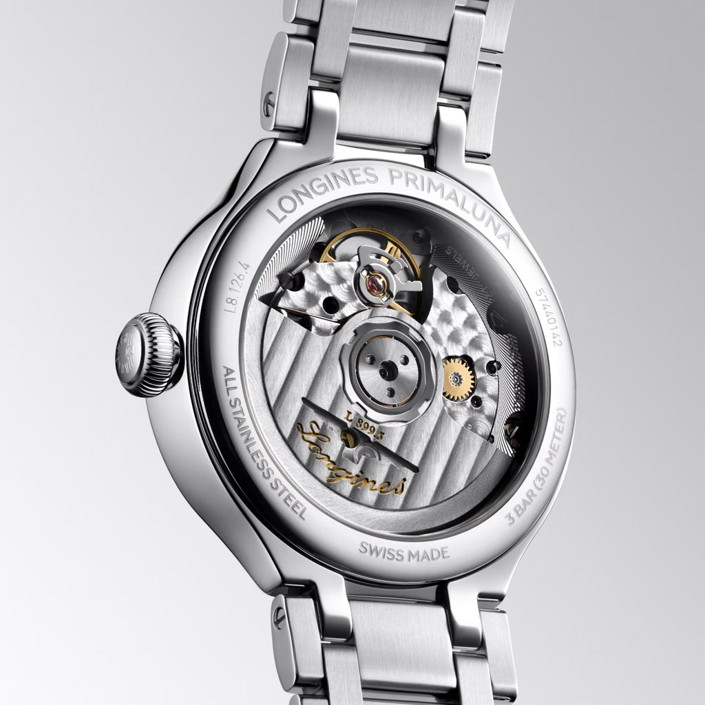 Longines orologio Primaluna Moonphase 34mm argento automatico acciaio L8.126.4.71.6