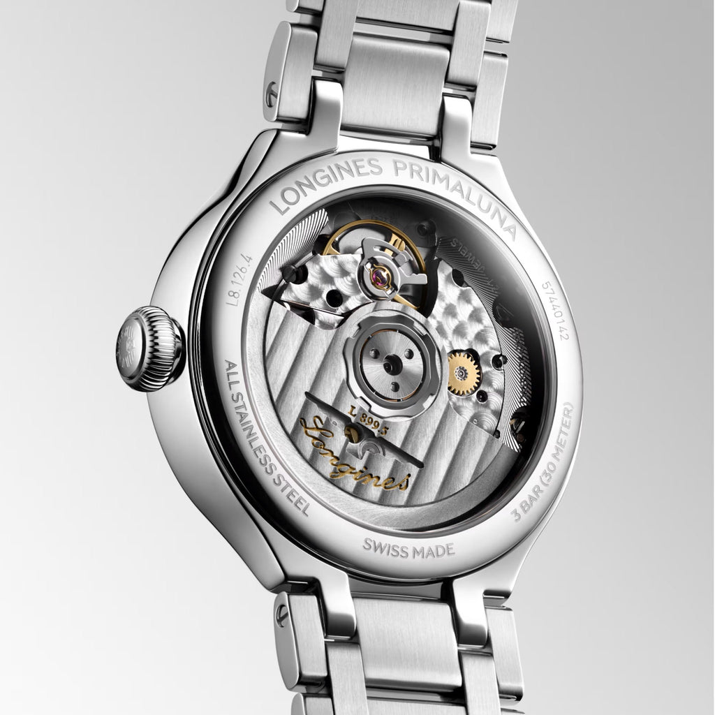 Longines orologio Primaluna Moonphase 34mm madreperla diamanti automatico acciaio L8.126.4.87.6